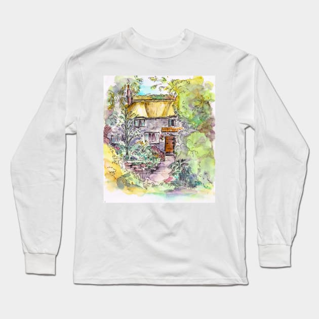 Thatched Cottage Watercolour and Ink Painting Long Sleeve T-Shirt by Heatherian